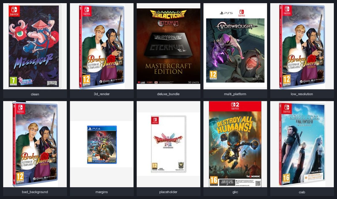 Twelve game-cover examples in a 4x3 grid, each labelled: clean, 3d_render, deluxe_bundle, multi_platform, wrong_console, wrong_game, low_resolution, bad_background, margins, placeholder, gkc, ciab