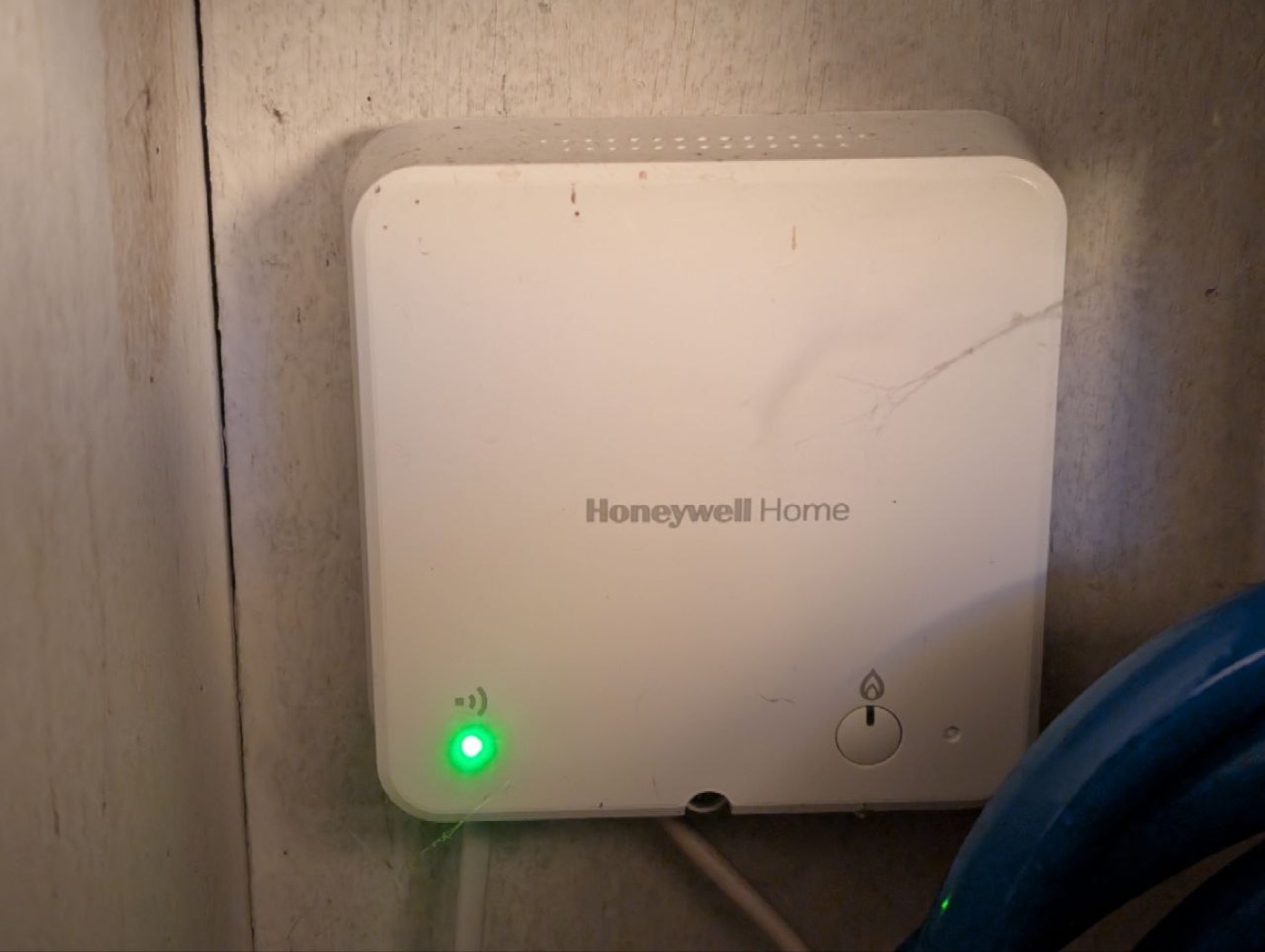 The R4T relay by the boiler. It’s receive-only: it listens and switches the heating, and never talks back.