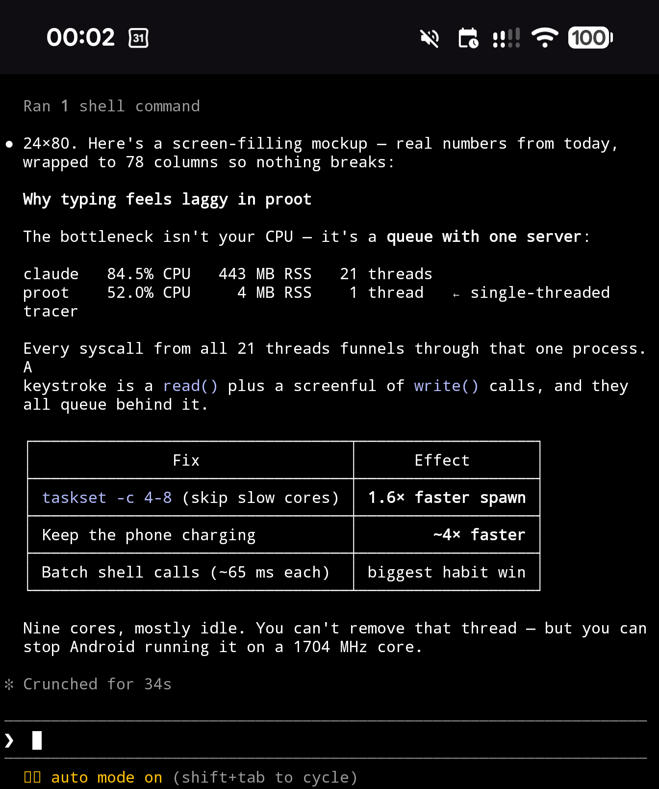 Claude Code running in Termux on a Pixel 8 Pro: a full-width markdown table, syntax-highlighted inline code and a process listing, all rendered in the phone’s terminal
